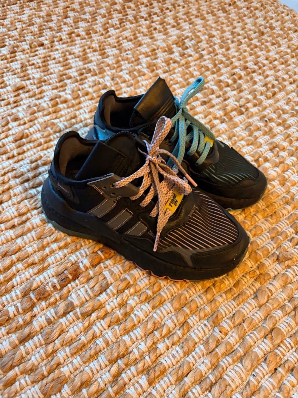 adidas Kids Black Sneakers.Pink&Teal Laces. Fun playful style for girls or boys
